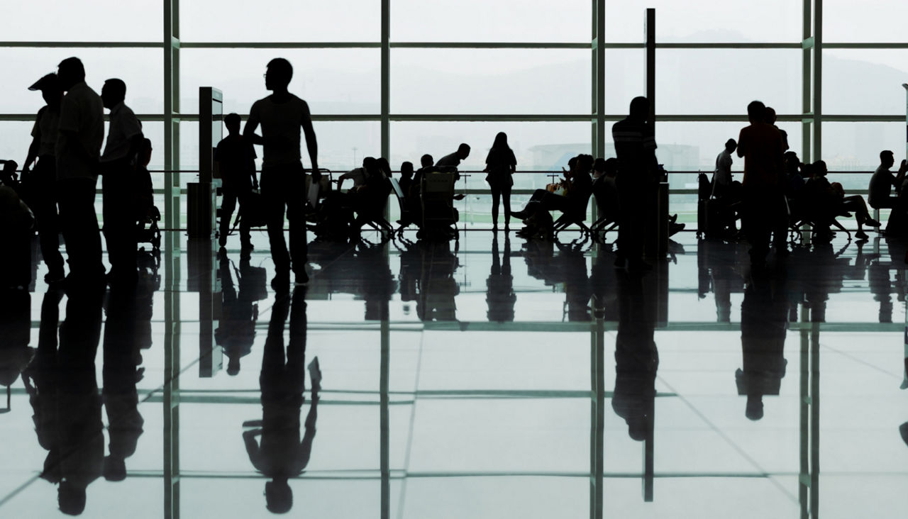 Tourist, travelers, people silhouettes in modern airport waiting
