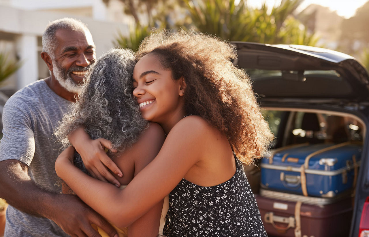 Emotional close-up of a teenager hugging parents beside a car before leaving for college