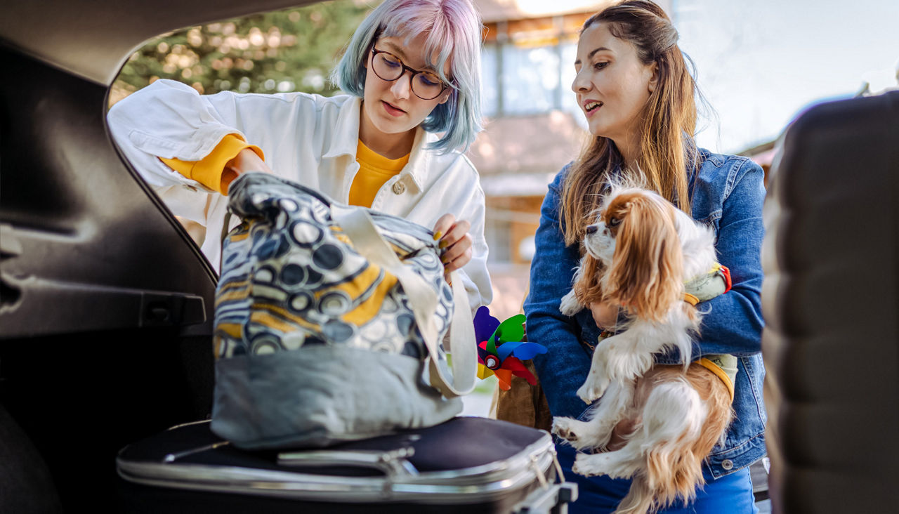 Close up of a young family and their dog packing up for an emergency road trip
