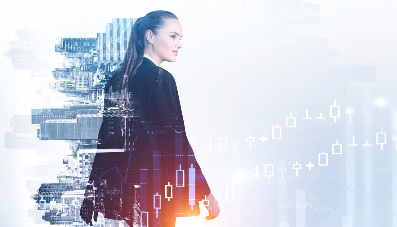 Office woman smiling profile, confident look