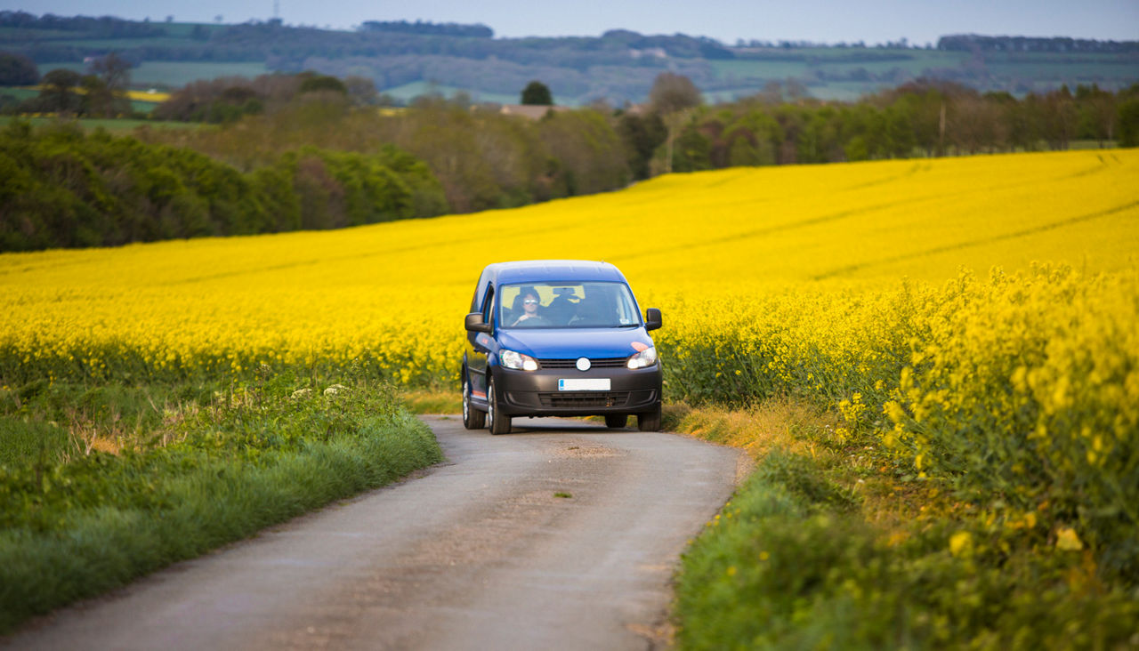 A car driving the English countryside covered in vibrant yellow Rapeseed flowers