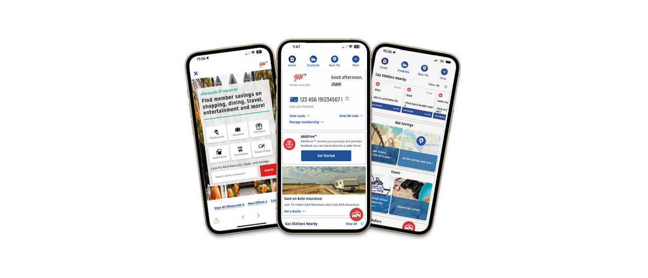 3 phone screens showing the AAA Mobile app