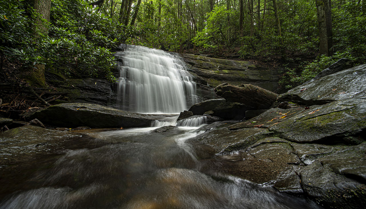 Waterfall surrounded by rocks and trees