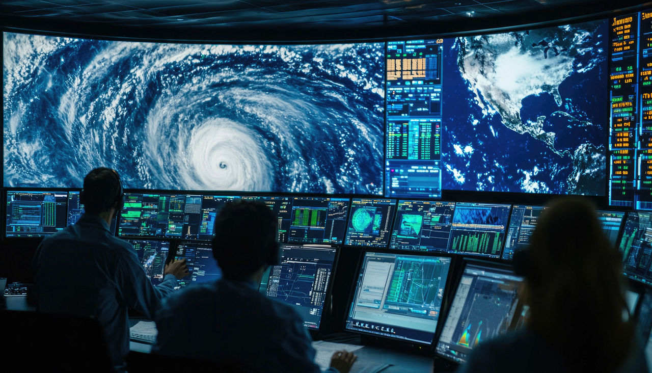 A meteorology team in a control room monitoring hurricane data, with live satellite feeds, computer models, and storm warnings flashing on large screens, showcasing the science of hurricane tracking