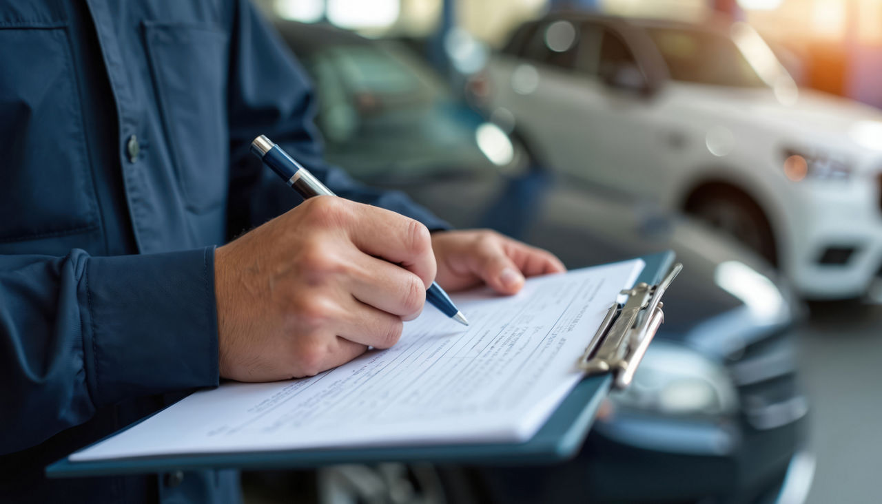 Mechanic writes in clipboard at auto repair shop