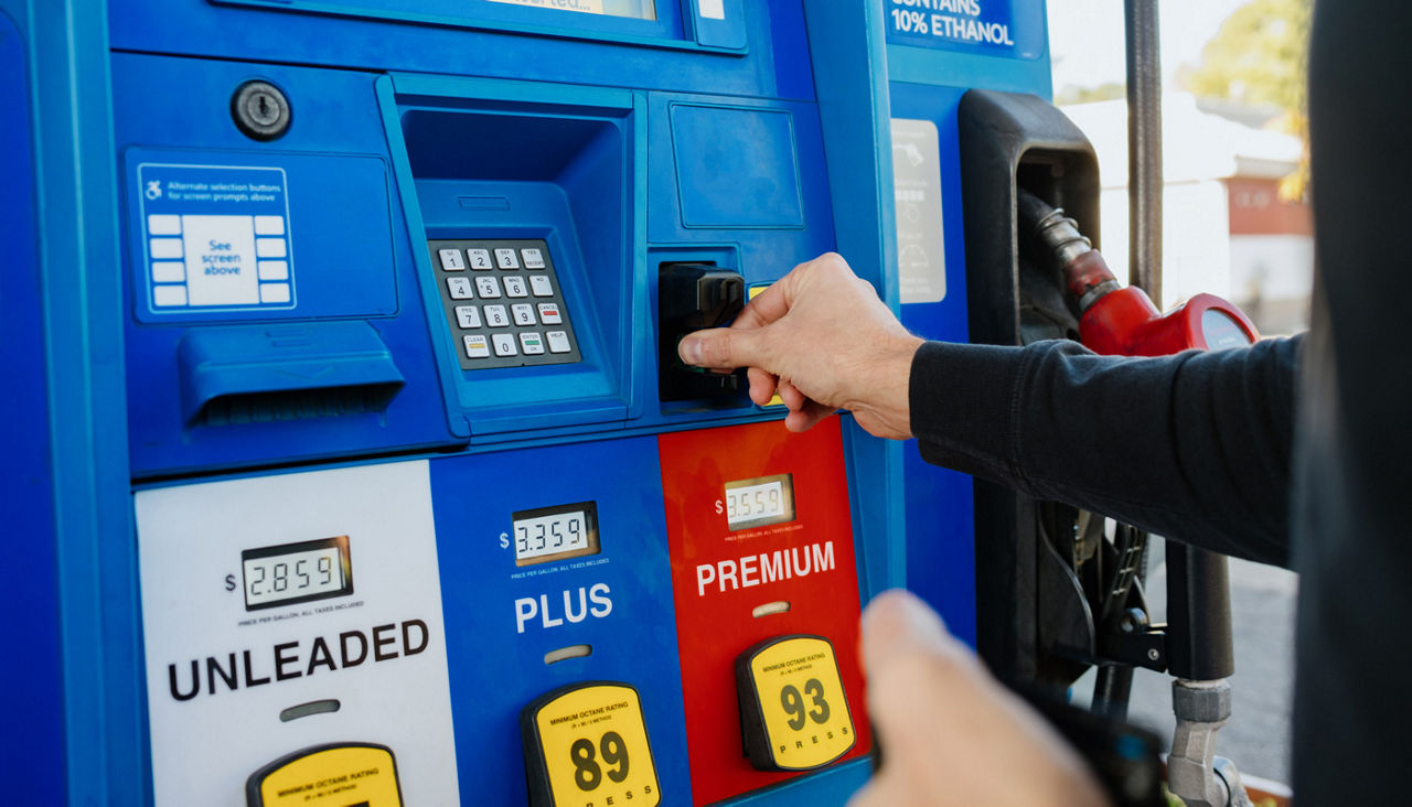 Close-up of man using credit card to pay for gas at pump