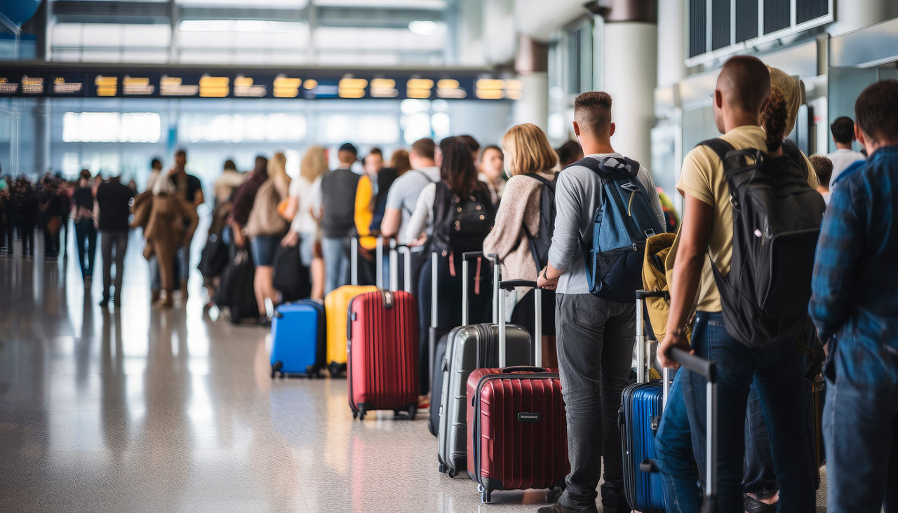 many people waiting in long queues at the airport before boarding a plane