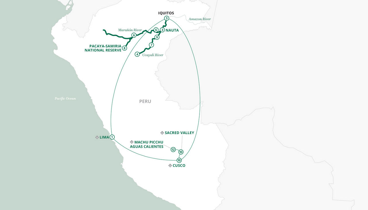 Peruvian Amazon & Machu Picchu Exploration map 16 days