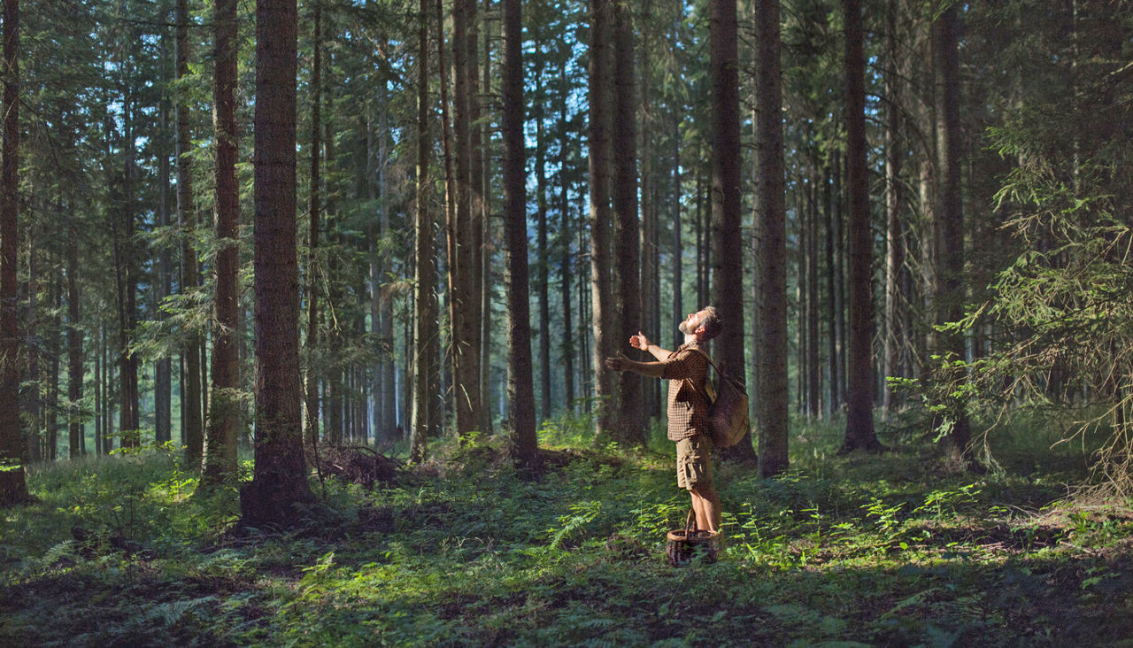 Man with outstretched arms standing in forest