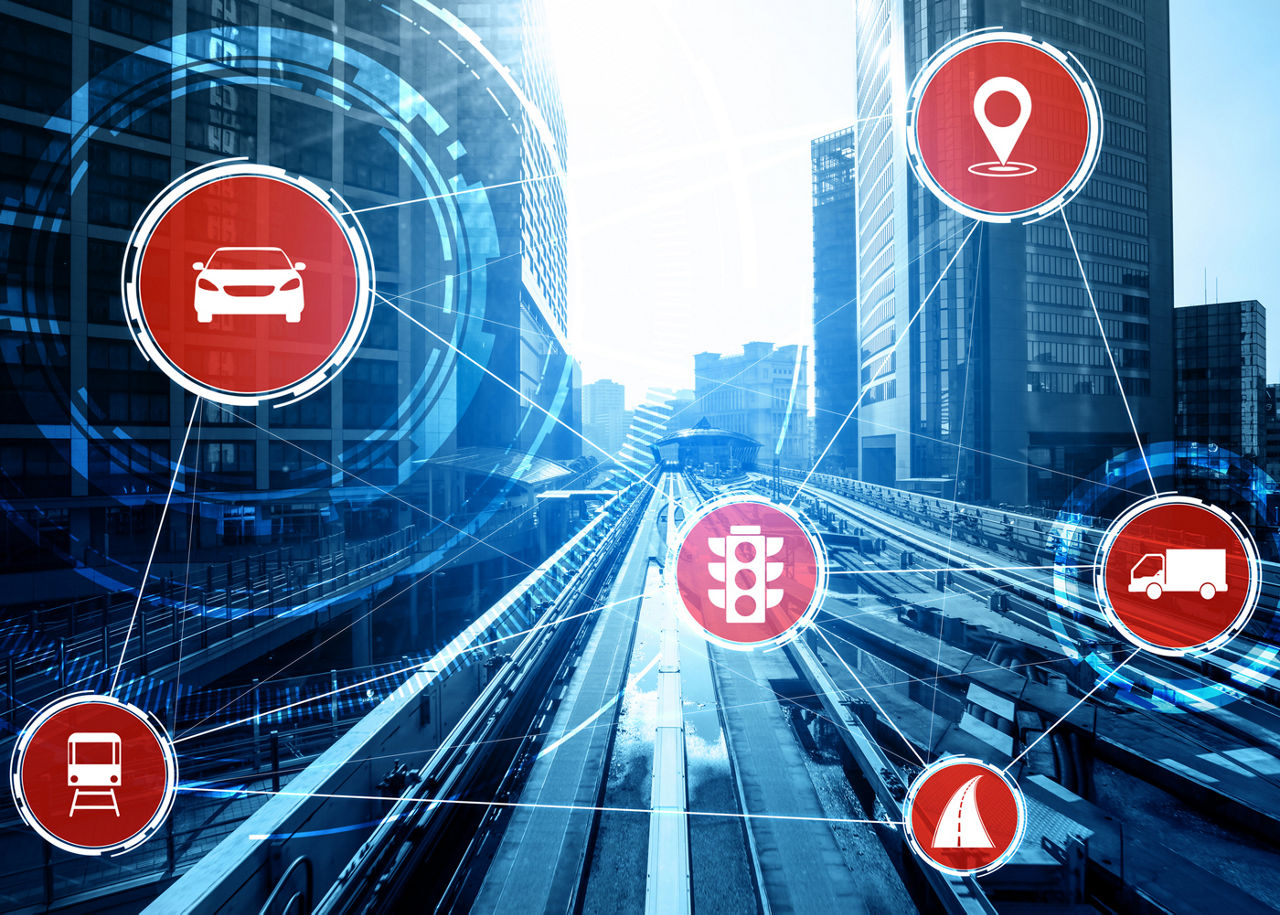 A graphic image showing the various traffic elements working together via some type of AI application.