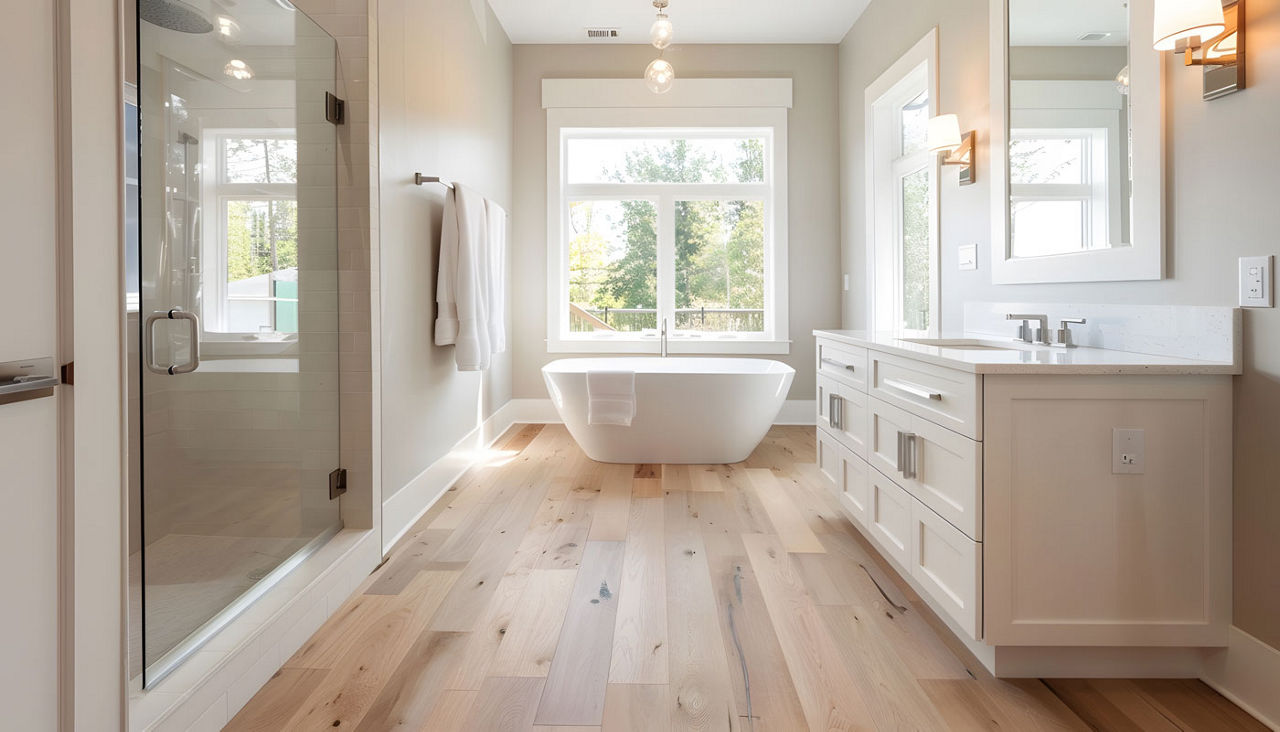 Beautiful ensuite bathroom in farmhouse style luxury home with double vanity, freestanding soaker bathtub and hardwood floor