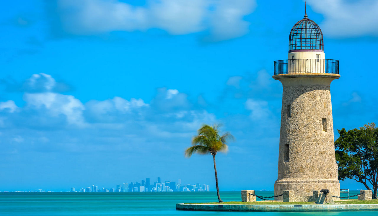 Boca Chita Lighthouse and Miami Skyline