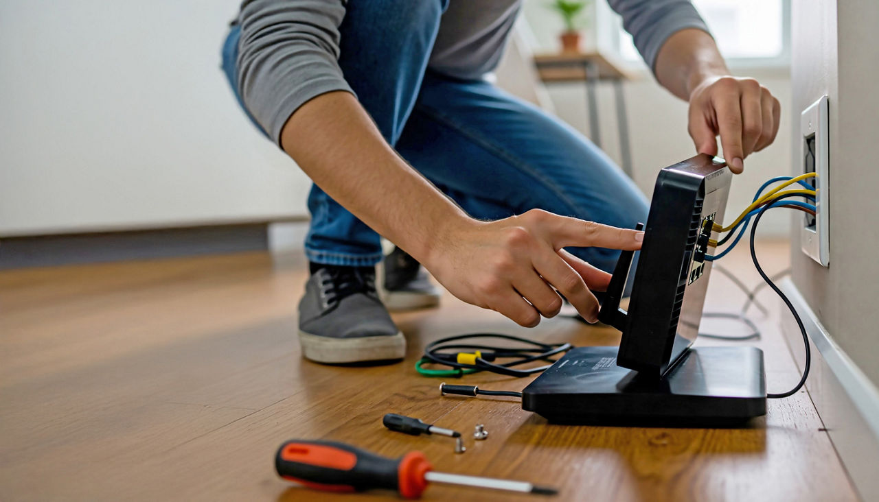 Man installing internet router at home
