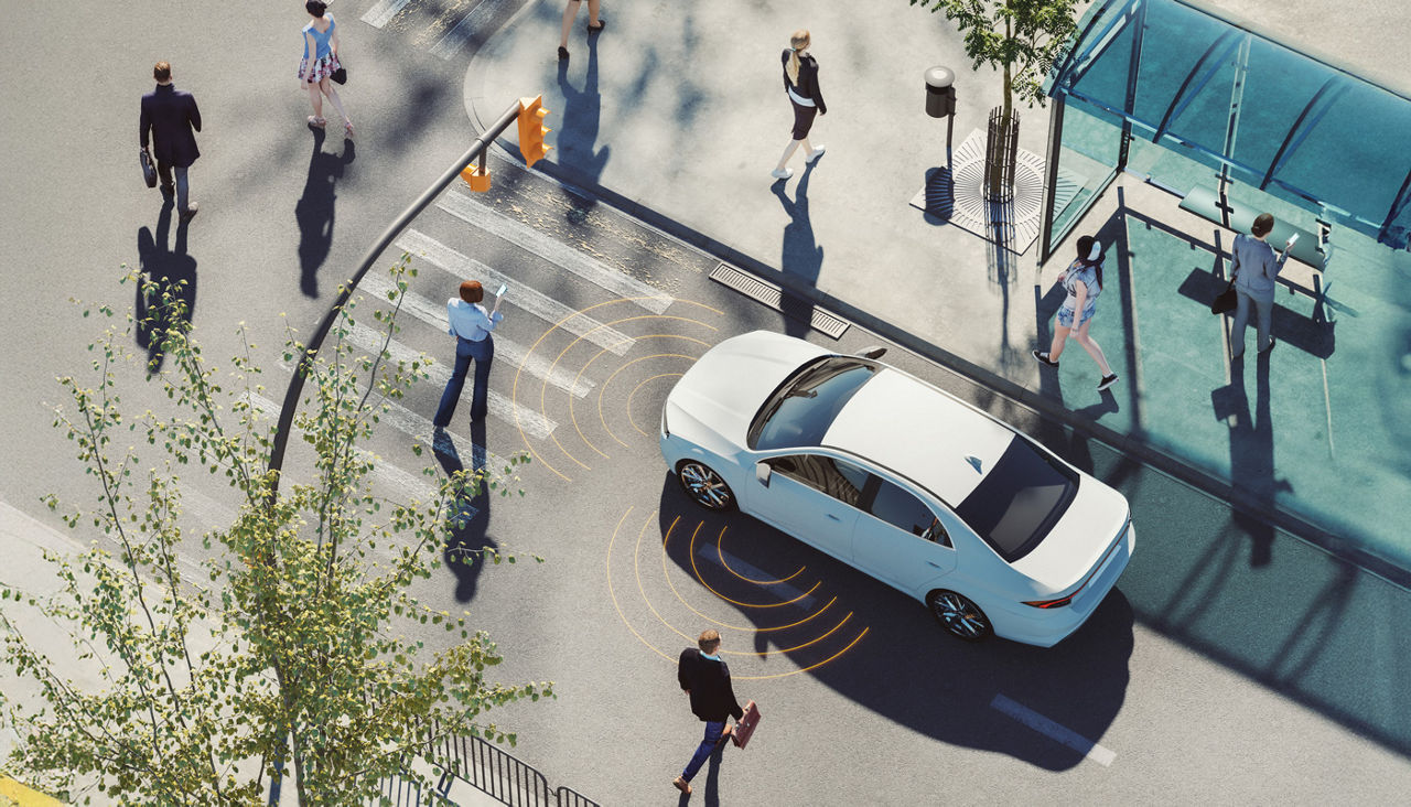 Driverless car with environment sensors. 3D generated image