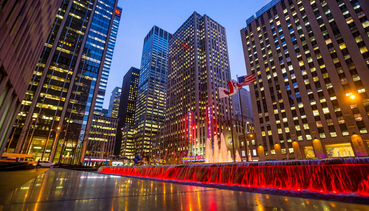 Dusk or dawn view of Radio City Music Hall in New York City