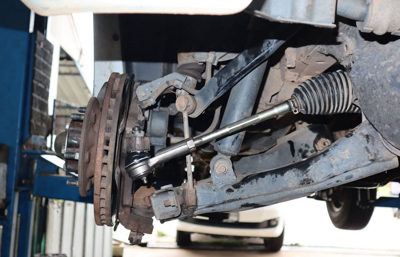 A close up of the car steering system