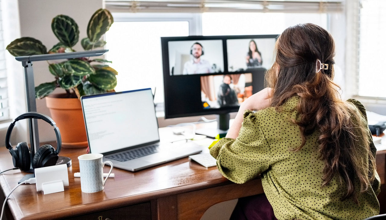 Rear view of woman having a video call meeting with business team on desktop computer while working remotely from home
