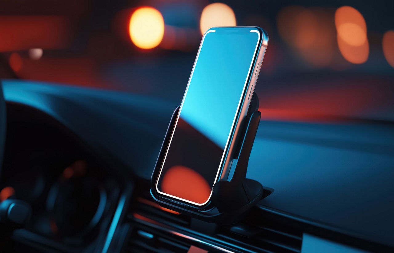 Modern smartphone device gadget mounted on phone holder at car dashboard