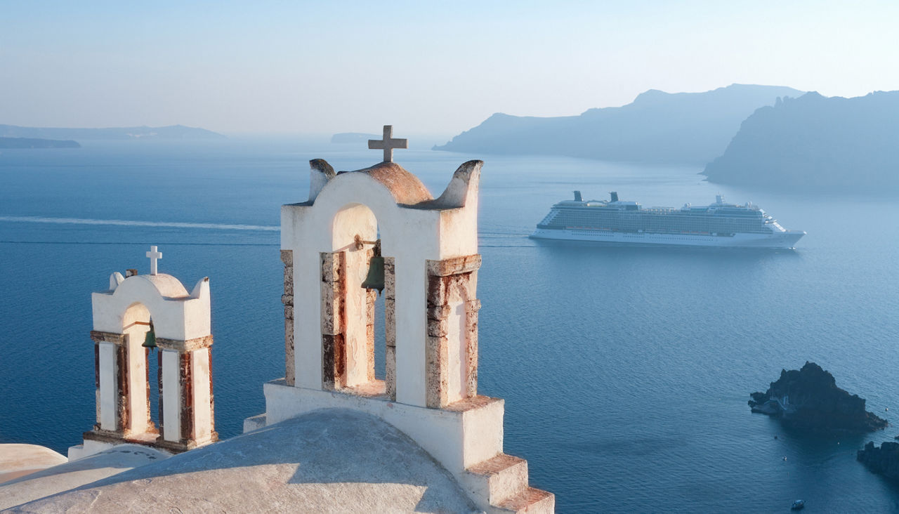Beautiful view of famous Greek churches in the Mediterranean island of Santorini.