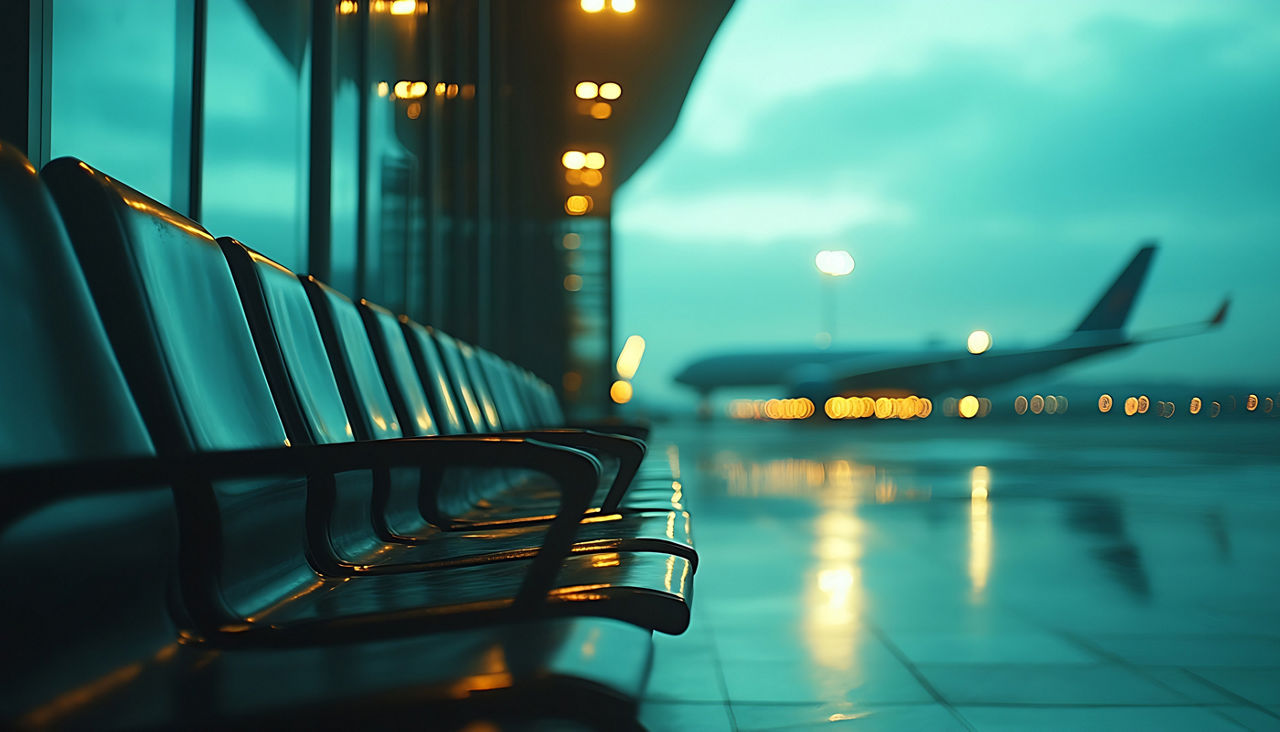 Empty seats at closed airport with plane grounded in background