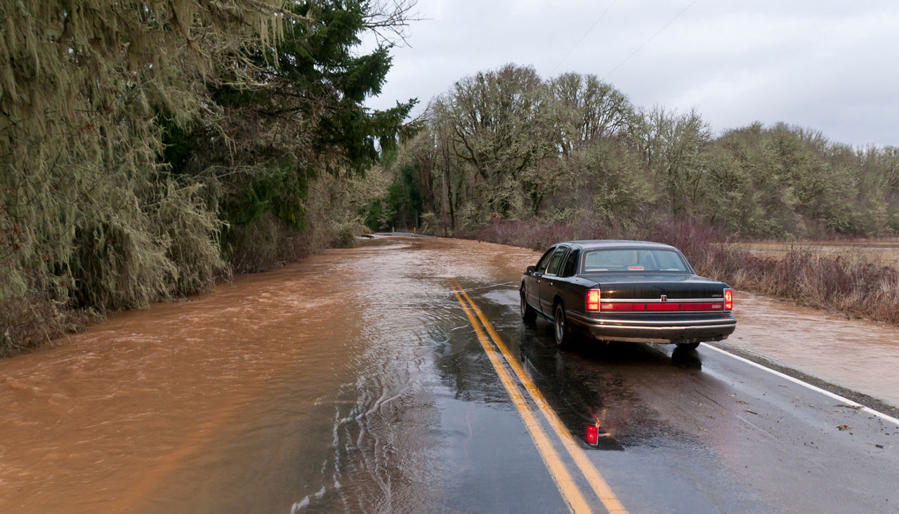 Car driving on road stops short of muddy water flooding road ahead