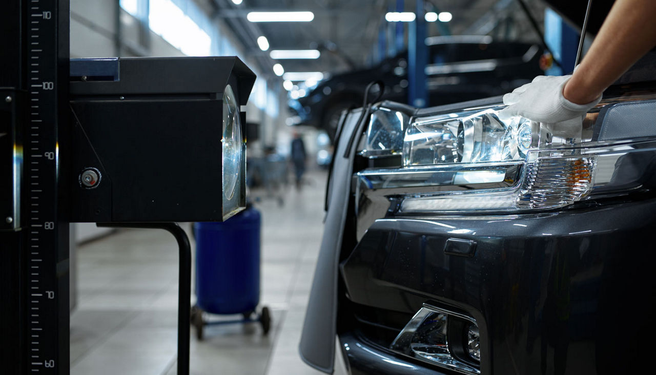 Male mechanic adjusts the headlights, car service