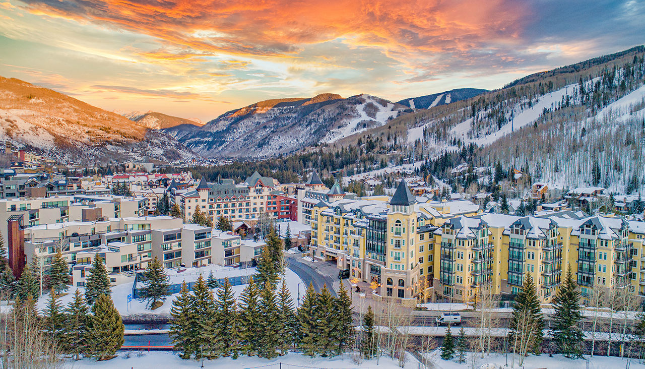 Vail, Colorado, USA Downtown Drone Mountains Aerial.