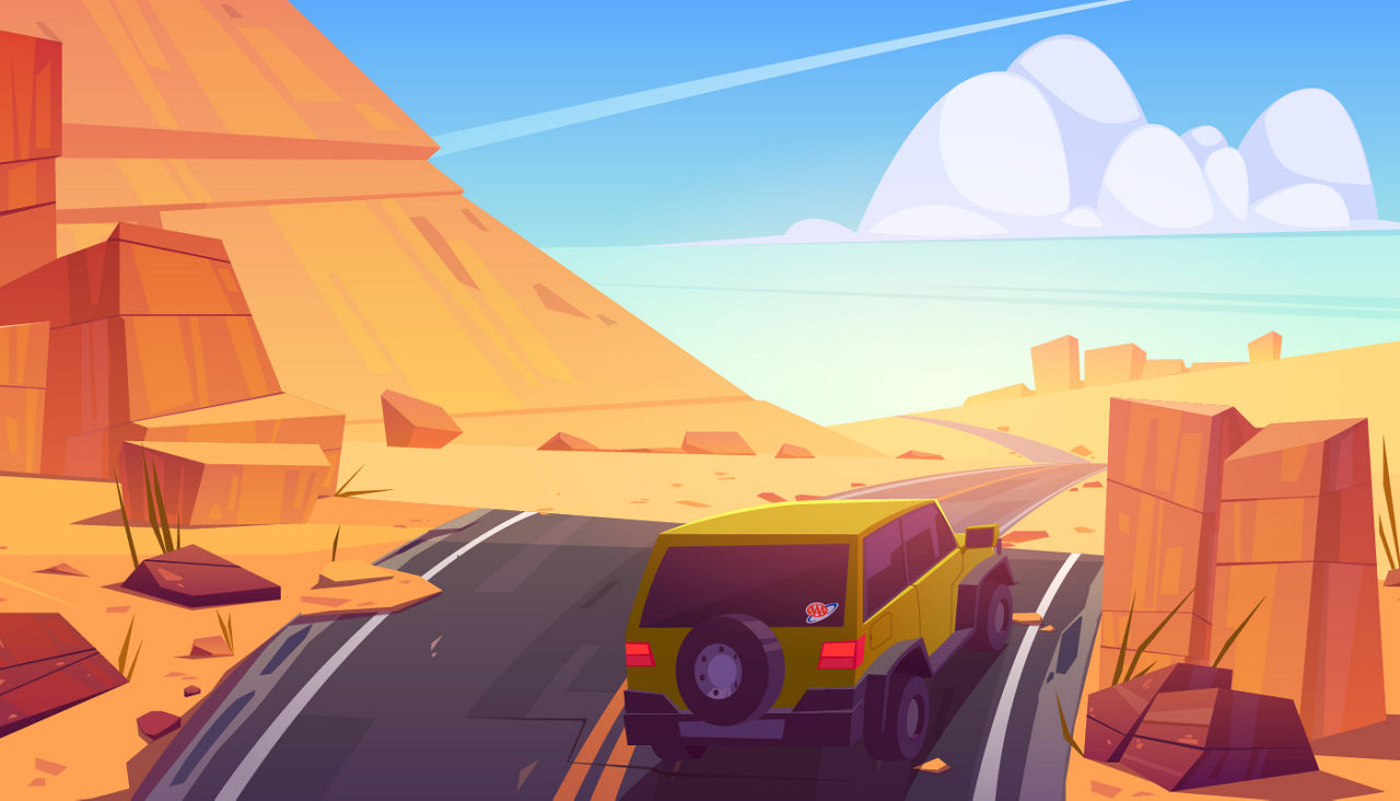 Illustration of a Jeep with a AAA sticker on the back driving down a beautiful desert road into the sunset.