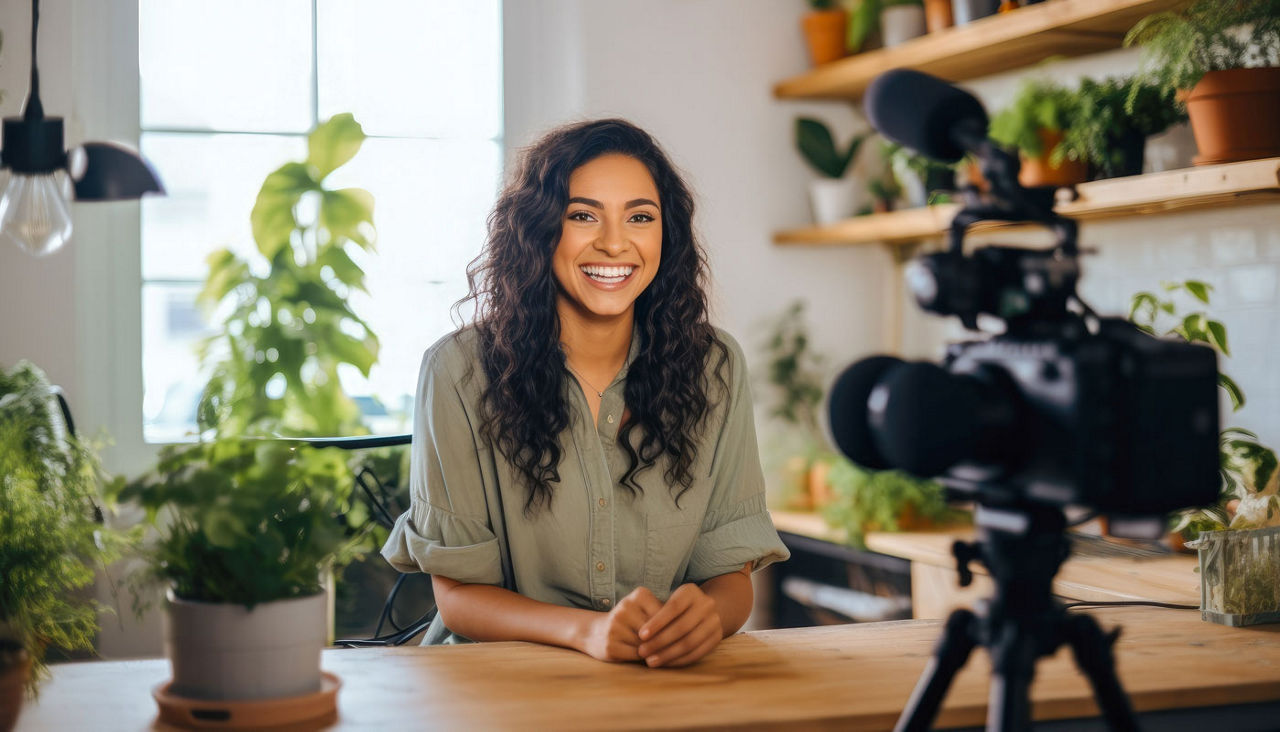 Young female influencer recording a video for social media, capturing her lifestyle and setting the latest trends