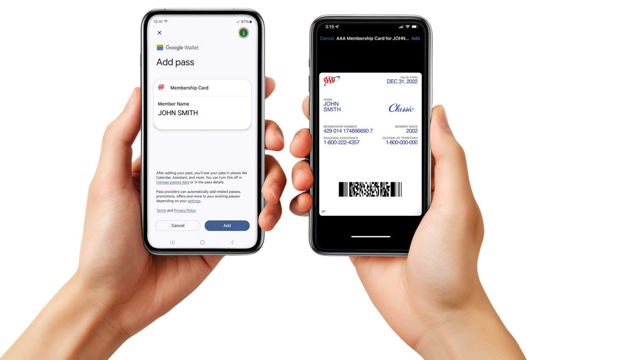 Two phones showing how to add membership card to your wallet