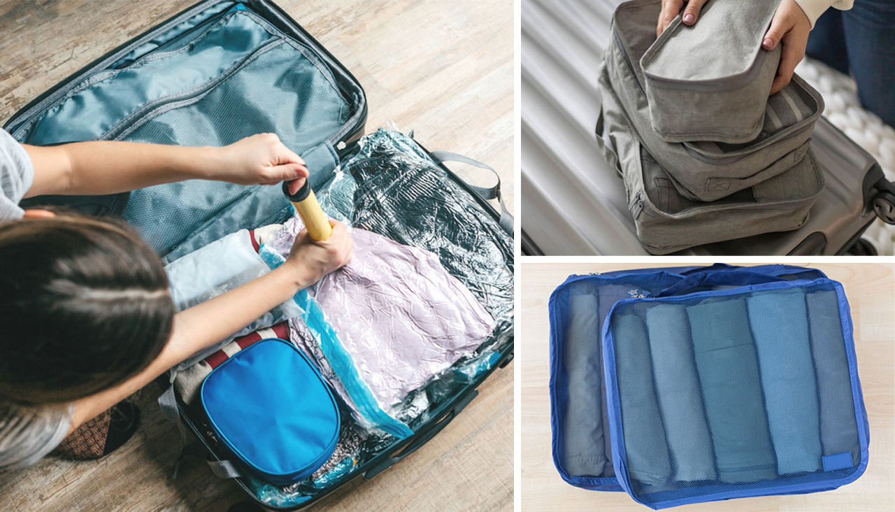 collage of smart packing cubes and vacuum packing