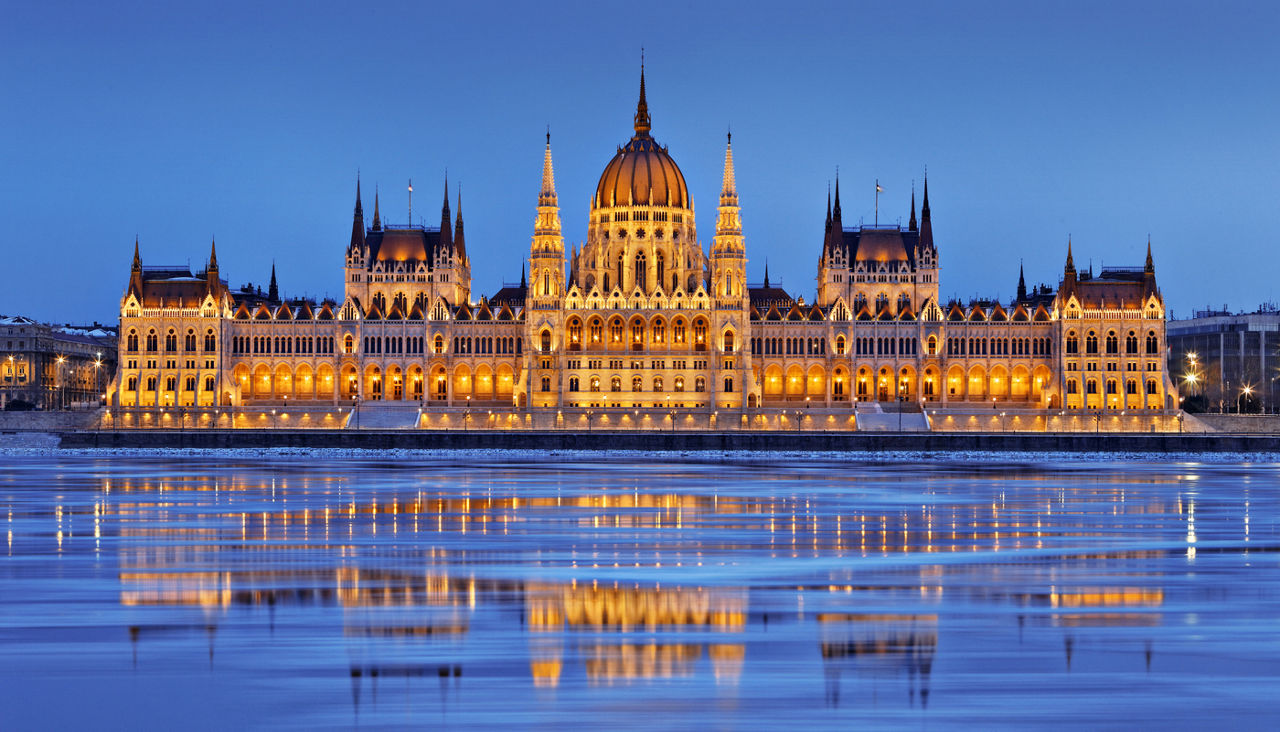 Parliament at dusk, Icy Danube River, Budapest, Hungary