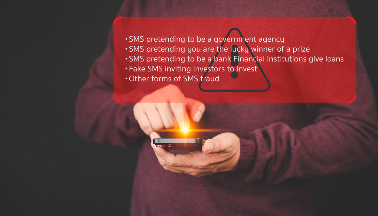 Adult man holding a mobile phone and viewing messages on mobile phone. Fake Text message SMS scam or phishing concept
