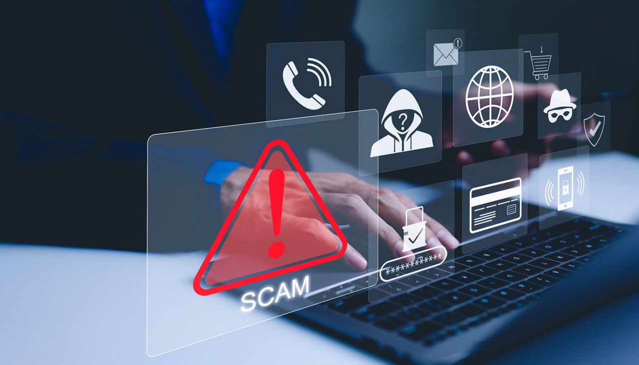 Scam Alert Warning with Cybersecurity Icons