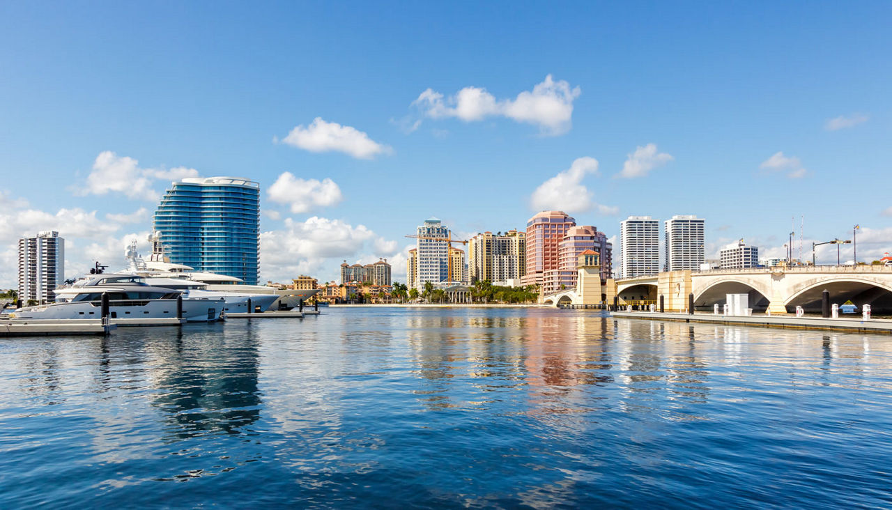 Royal Park Bridge with marina and skyline in West Palm Beach