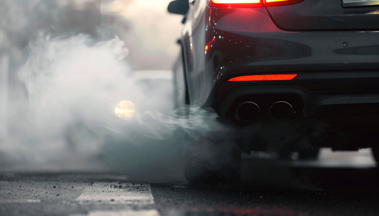 The exhaust from a car billowing from the back on a cold evening.