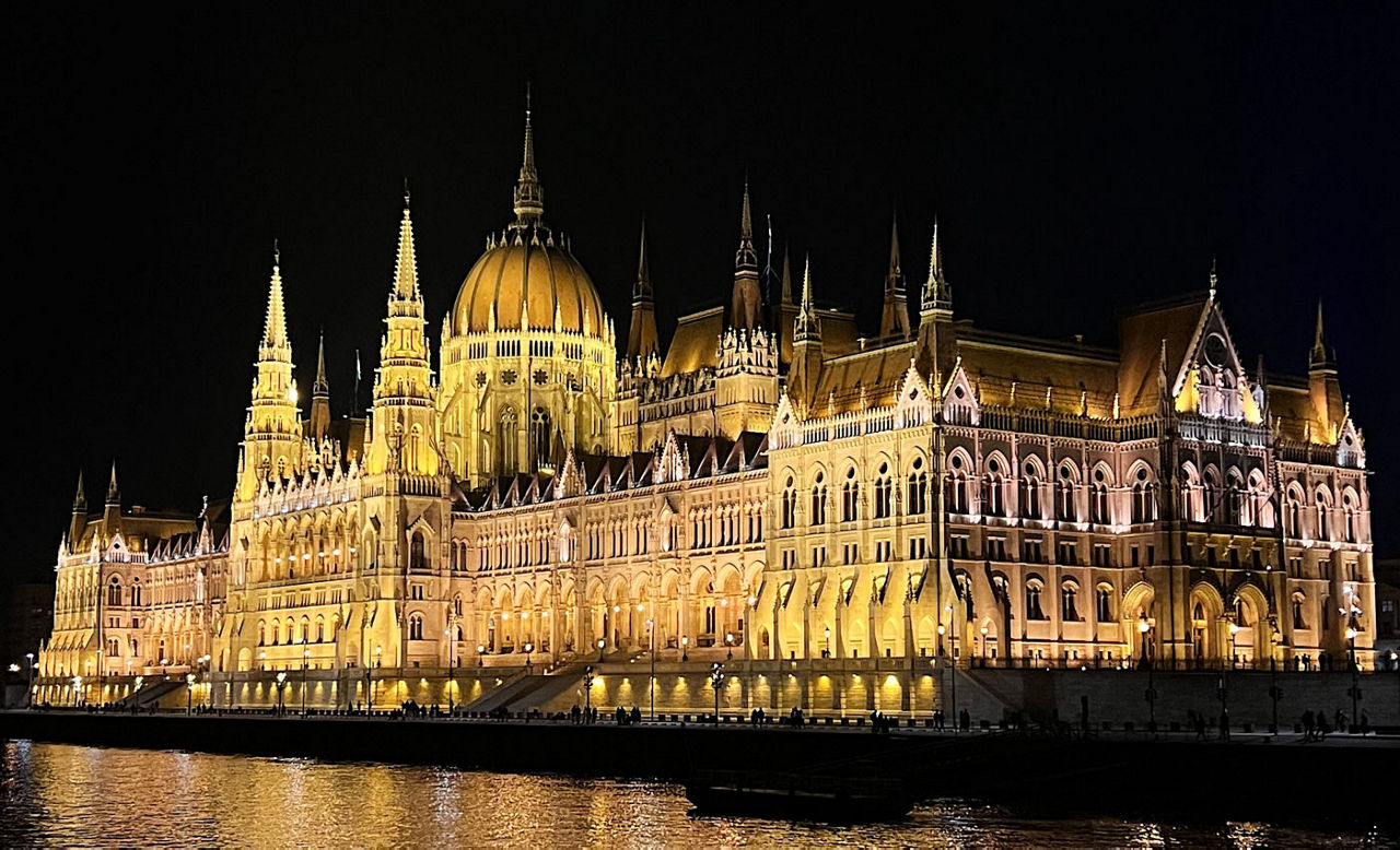 Exterior of the Hungarian Parliament Building in Budapest Hungary at night