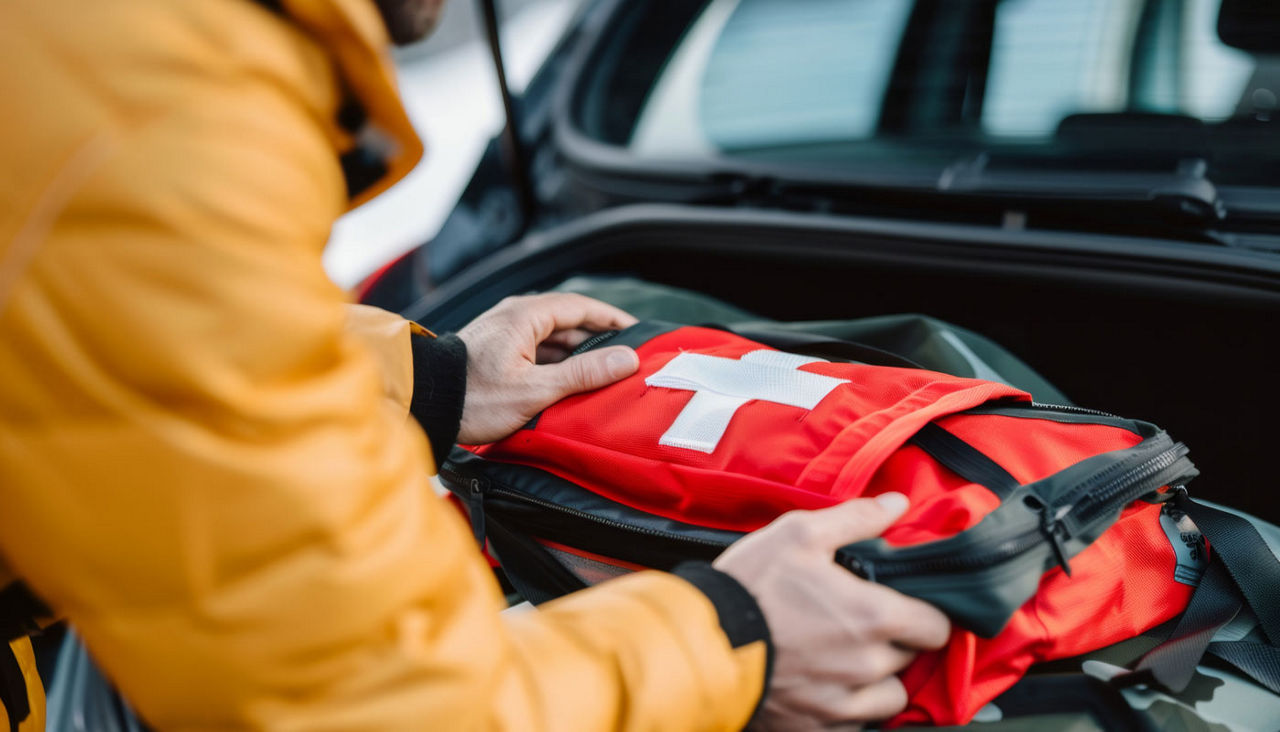 A close-up of a person placing a first aid kit in the trunk of a car. Emergency preparedness and safety concept