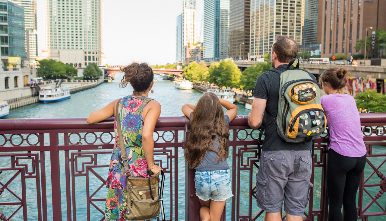 Young tourist family enjoying the view downtown standing on one of the iconic red bridges