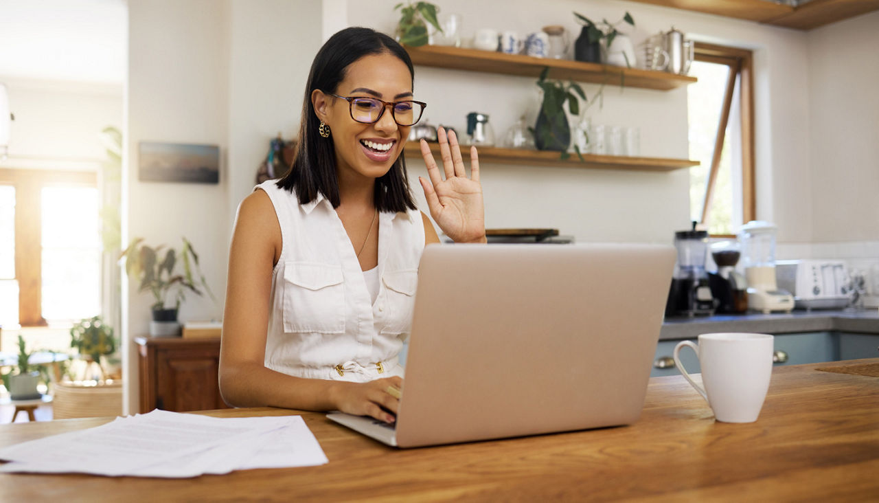 Laptop webinar, woman or video conference training on online zoom call meeting in home office or house room interior