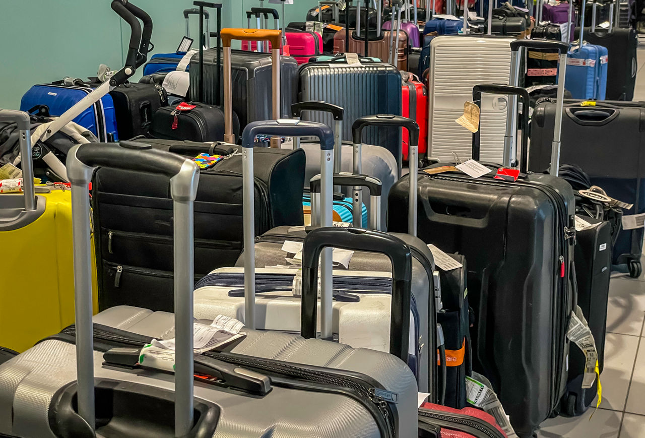 Piles of lost or unclaimed luggage at airport