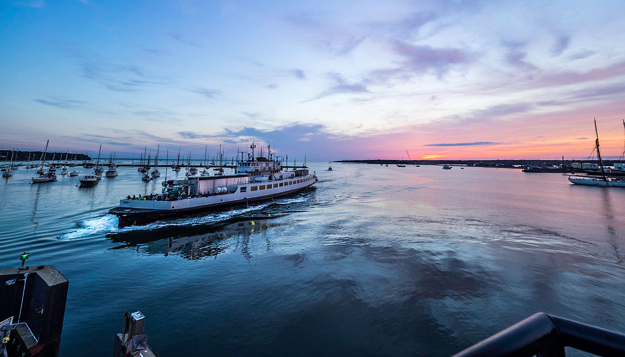 This picture was taken at sunrise after I'd boarded a Martha's Vineyard ferry that was debarking from Vineyard Haven. I shot the incoming ferry as it was turning into the pier.