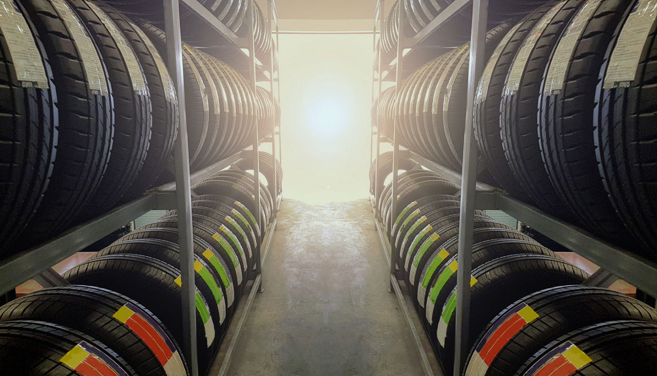 Group of new tires for sale at a tire store