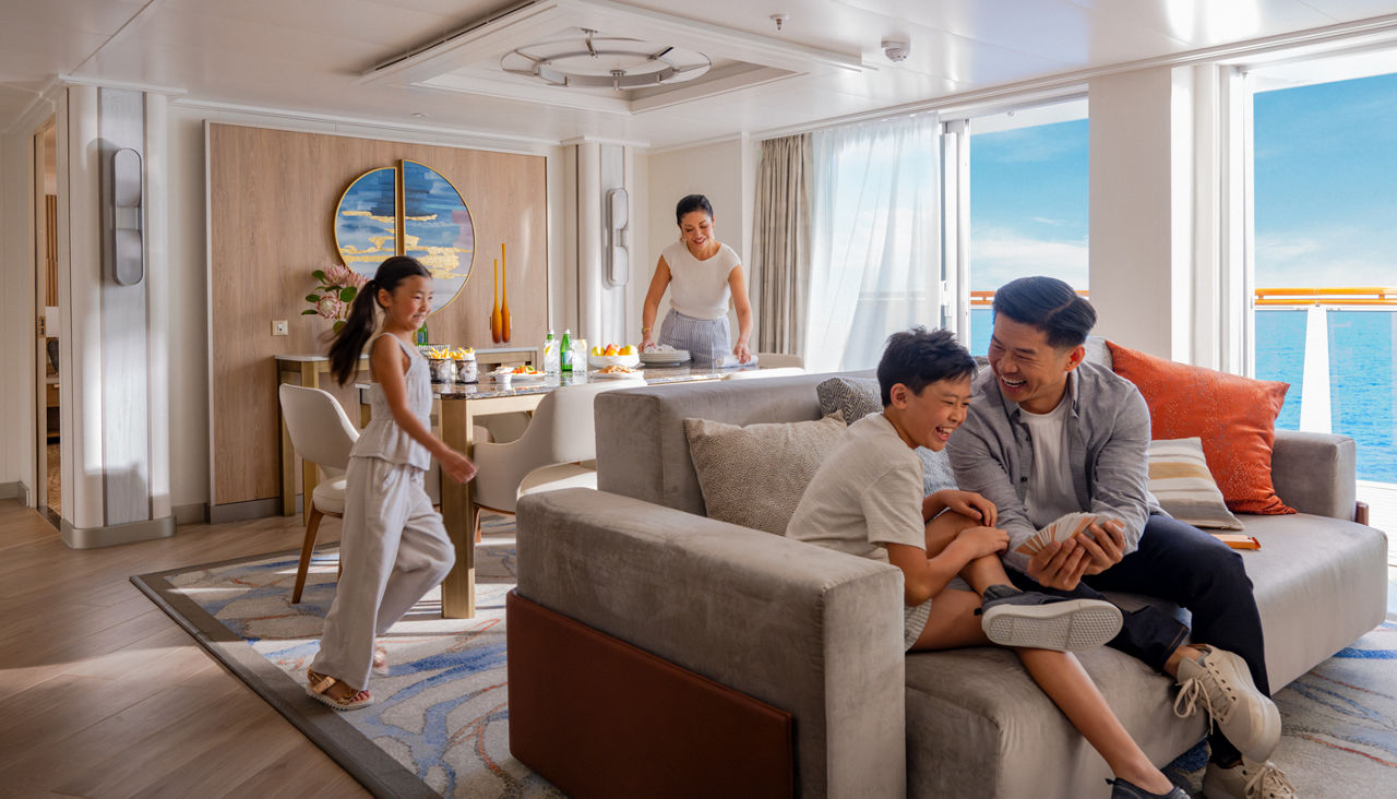 Family inside suite of Princess Cruise Lines Sanctuary Collection