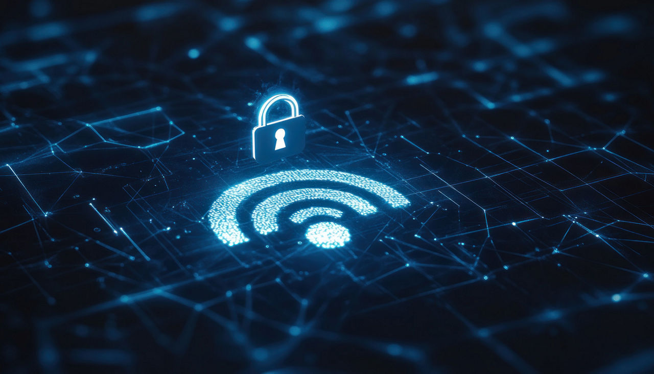 A digital representation of a secure Wi-Fi connection symbol with a lock