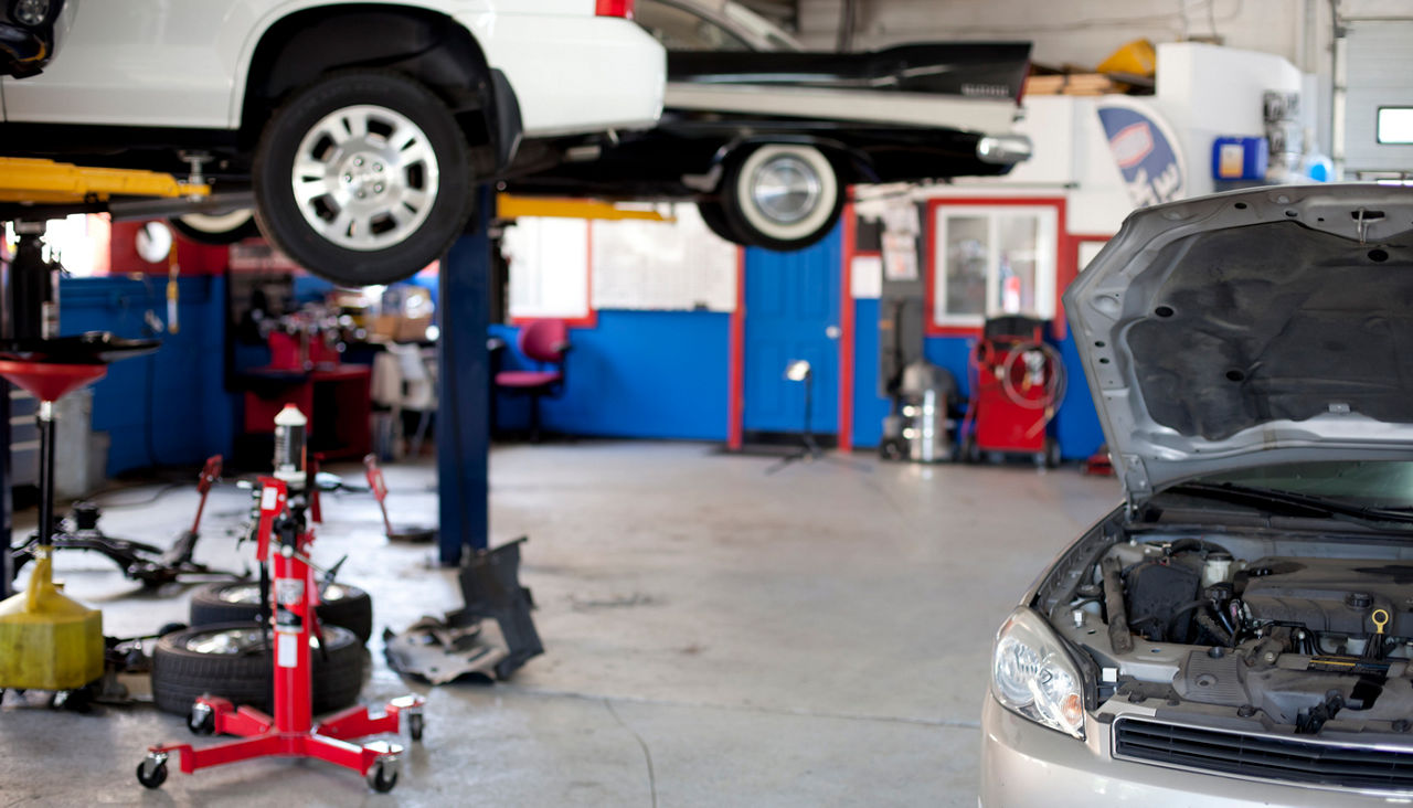 Inside the bay of an auto repair shop