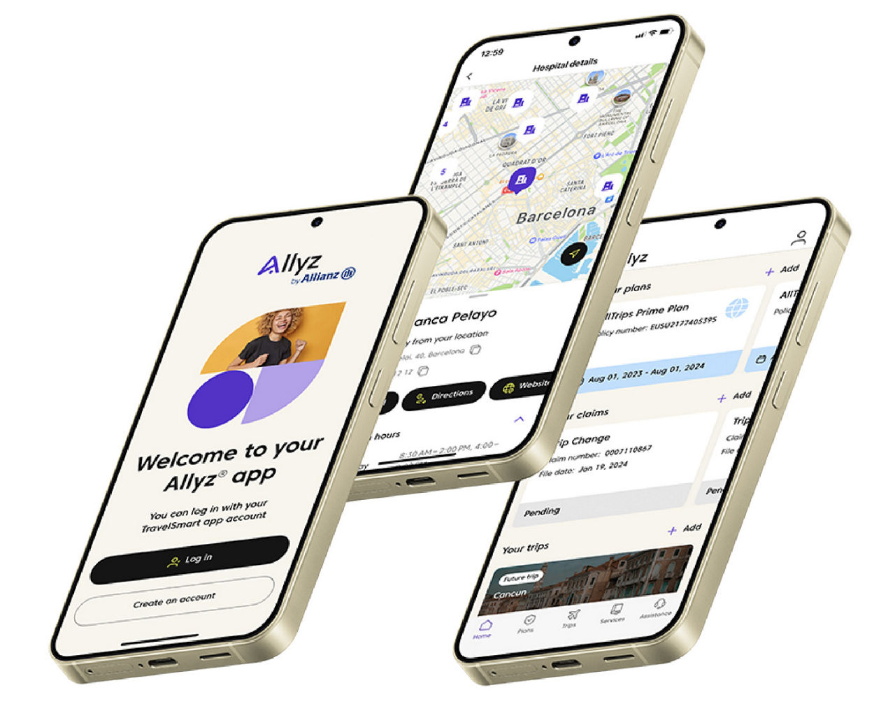 Mock up of 3 phones with the Allyz app shown on all for travel insurance