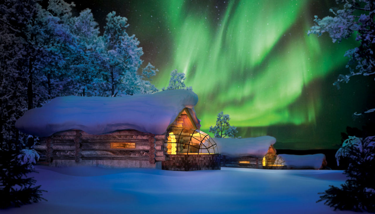 Kelo-glass Igloo in Finland with aurora borealis