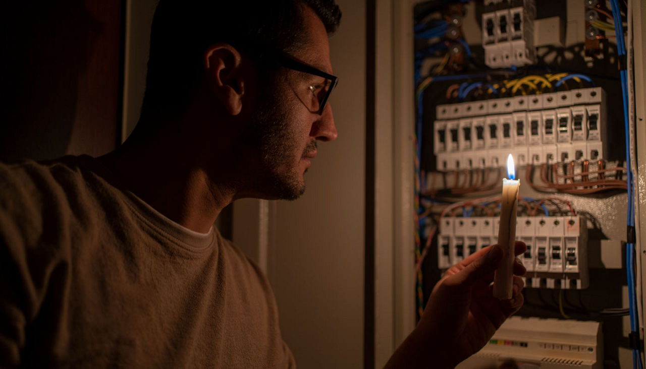 Man checking his electrical panel in the dark