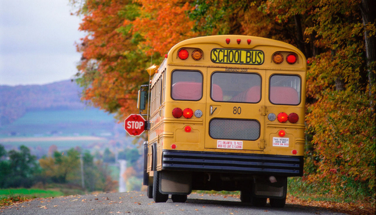 school bus stopped on a rural road in the fall